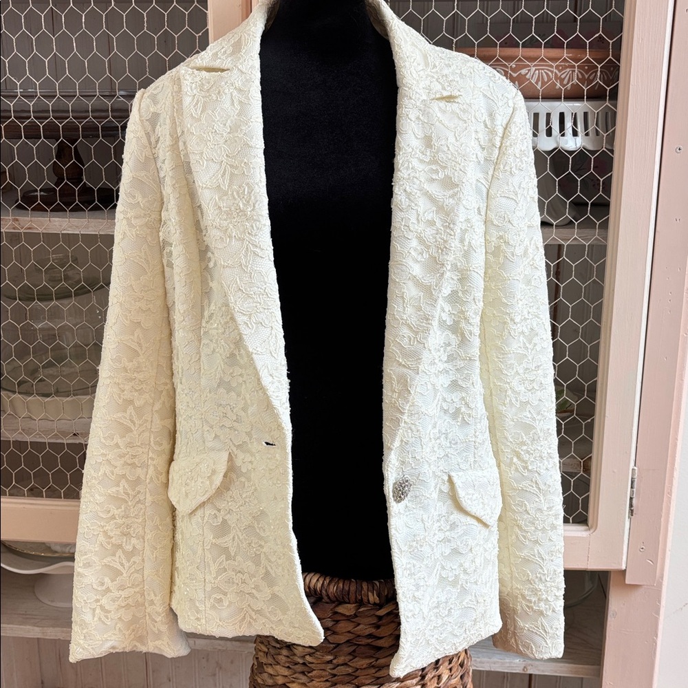 Ivory lace blazer jacket with sequin bead detail 16 vintage runs S